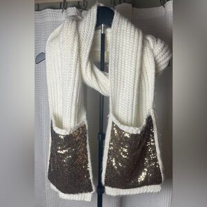 INC International Concepts Oversize Knit Sequined Pocket Scarf Ivory-Gold